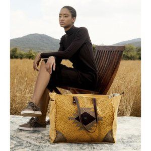 Myra Bag Handmade Bag Suramya Weekender Upcycled Canvas & Cowhide Leather